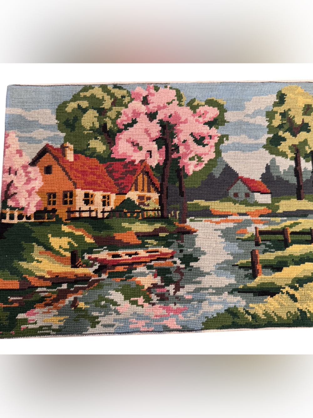 Vintage Royal Paris Finished Needlepoint Art - Mounted Landscape Tapestry 18"